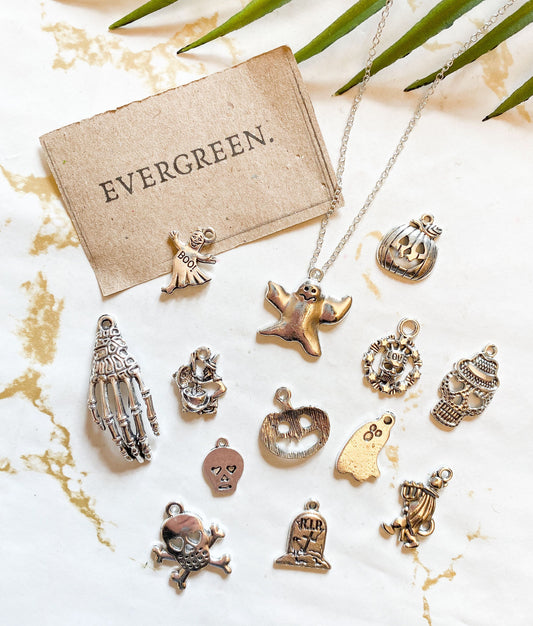 Halloween Pendant / Charm - Skull, Bones, Tombstone, Pumpkin, Ghost, Ghoul, Skeleton, Witch, Spider, Spooky
