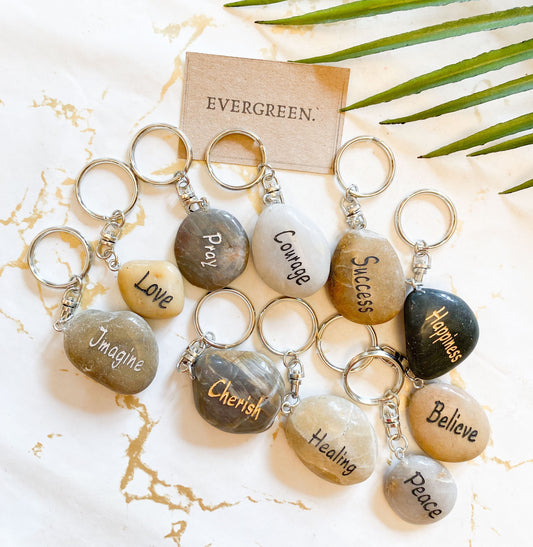 Inspirational / Motivational Word Natural River Rock / Stone Keychain - Peace, Love & Healing