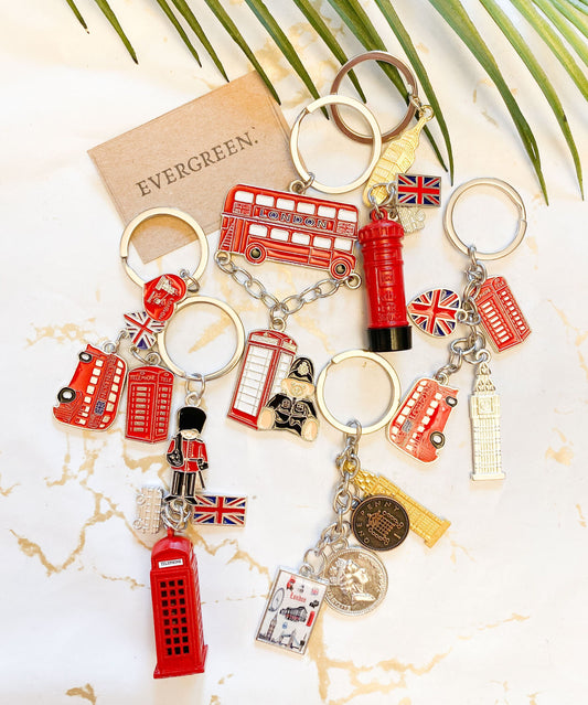 London England Souvenir Keychain - Big Ben, Union Jack, Double Decker Bus, Royal Mail Postbox, Crown, Penny, London Eye, Telephone Box