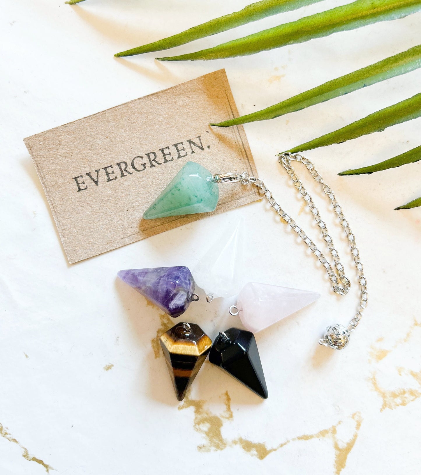 Crystal Pendulum Divination / Dowsing / Reiki - Black Obsidian, Gold Tiger Eye, Rose Quartz, Amethyst, Quartz & Green Aventurine