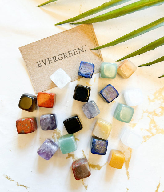Crystal Chakra Meditation Cubes 10mm - Redstone, Tiger Eye, Yellow Aventurine, Green Aventurine, Lapis Lazuli, Amethyst, Quartz