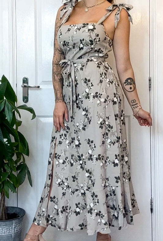 Dove Grey Ladies Side Split Floral Print Maxi Dress