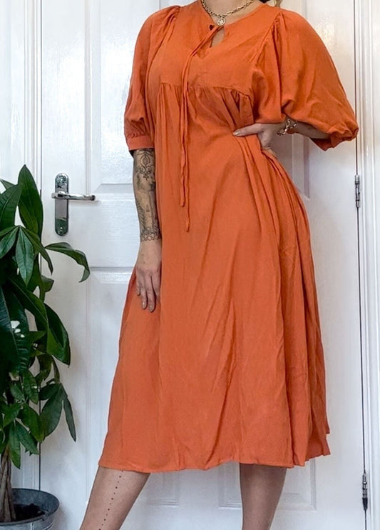 Orange / Brown Boho Loose Fit Midi Dress With Sleeves