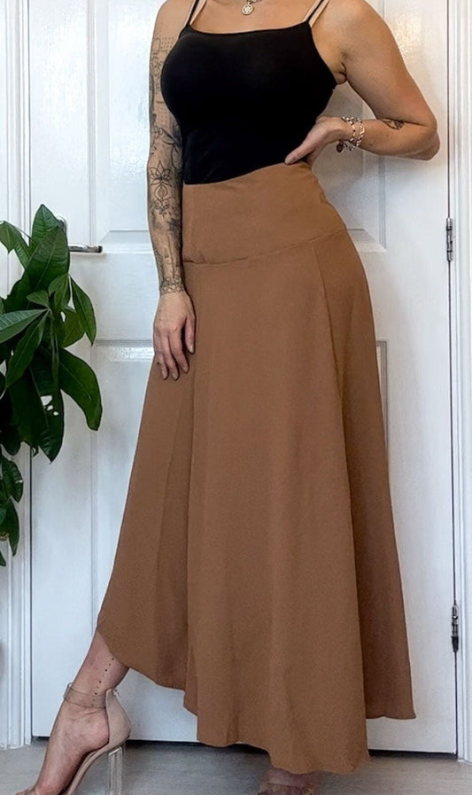 Sand / Brown / Rust Orange Asymmetrical Hem Maxi Skirt