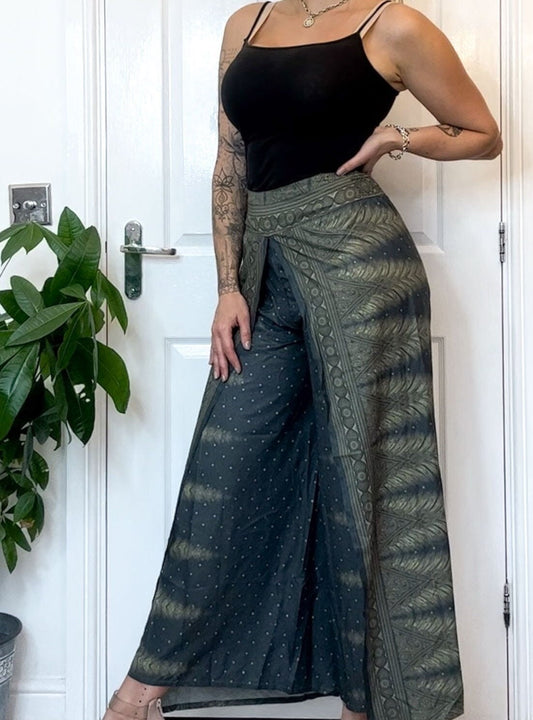 Dark Green Ornate Print Wrap Trousers Skirt