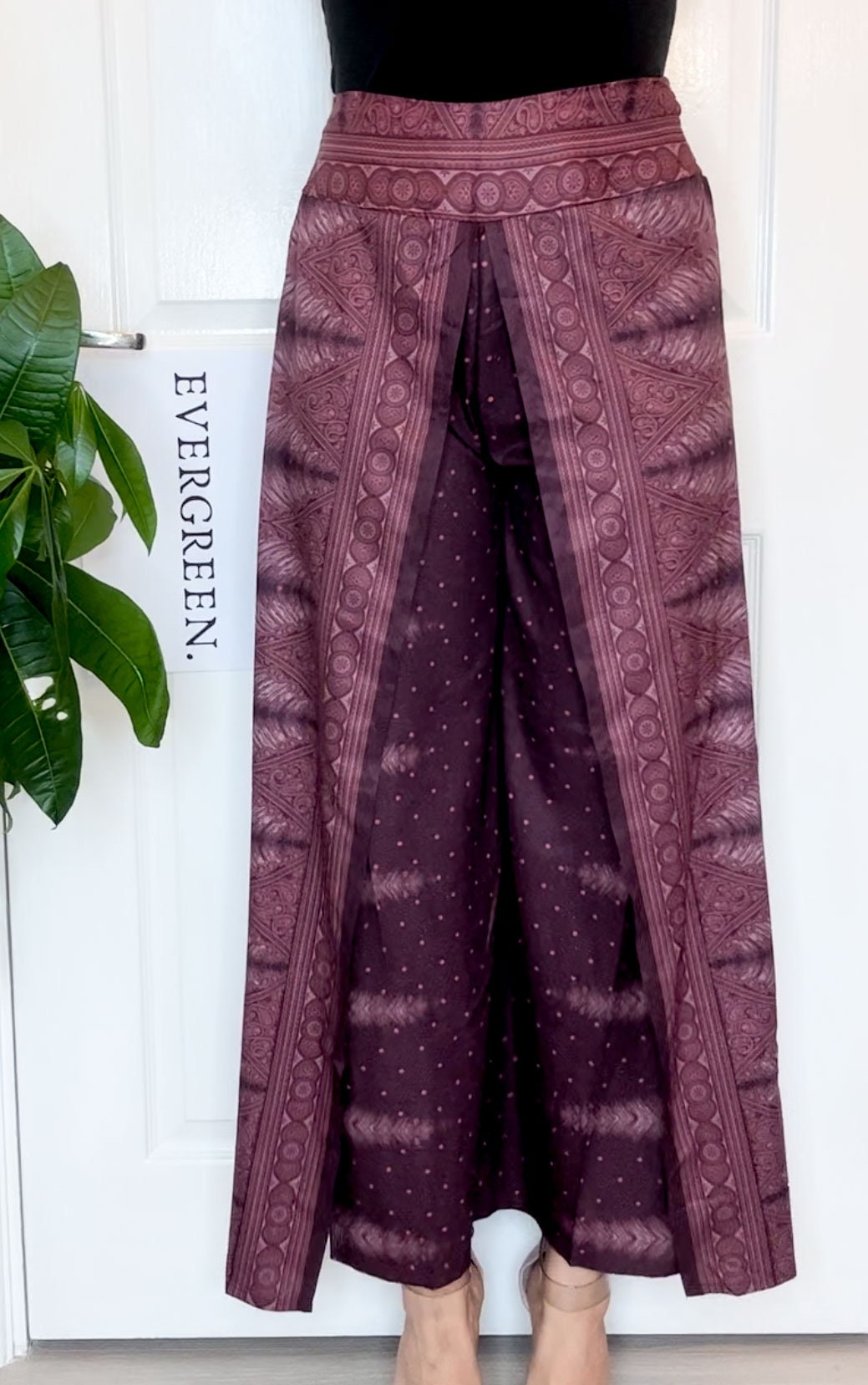 Wine Red / Maroon / Purple Ornate Print Wrap Trousers Skirt
