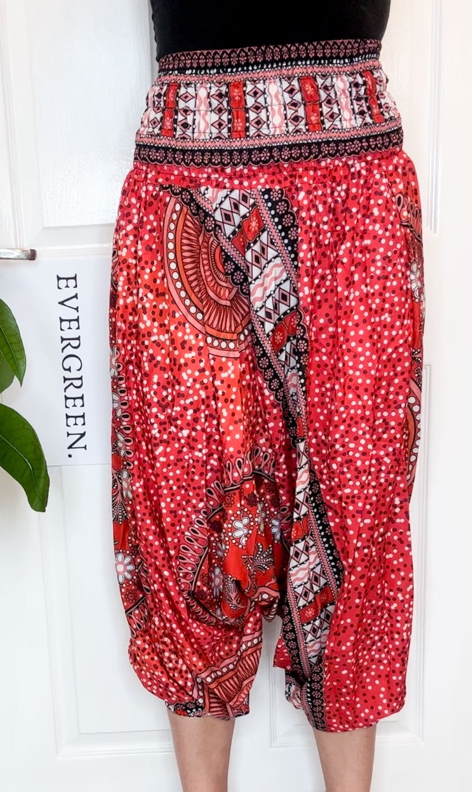 Red Ornate Print Elasticated Harem Boho Trouser Pants - One Size Fits Most