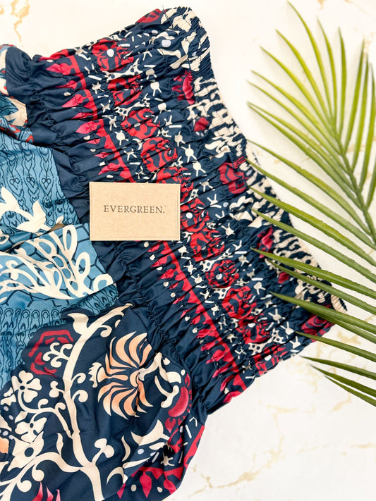 Blue, White & Red Ornate Print Elasticated Harem Boho Trouser Pants - One Size Fits Most