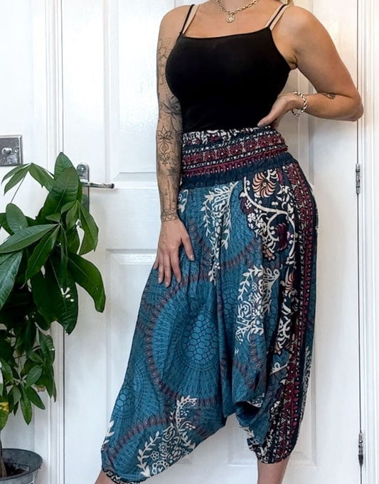 Blue, White & Red Ornate Print Elasticated Harem Boho Trouser Pants - One Size Fits Most