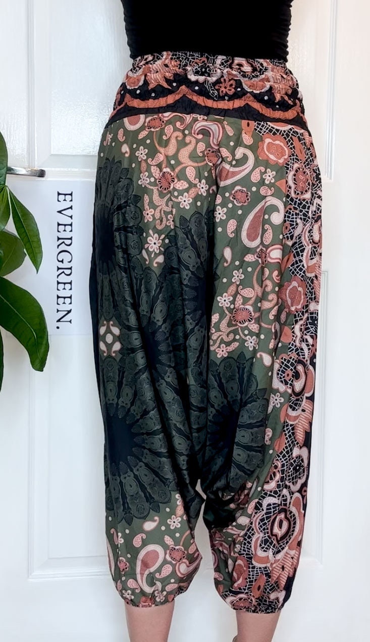 Green & Peach Ornate Print Elasticated Harem Boho Trouser Pants - One Size Fits Most