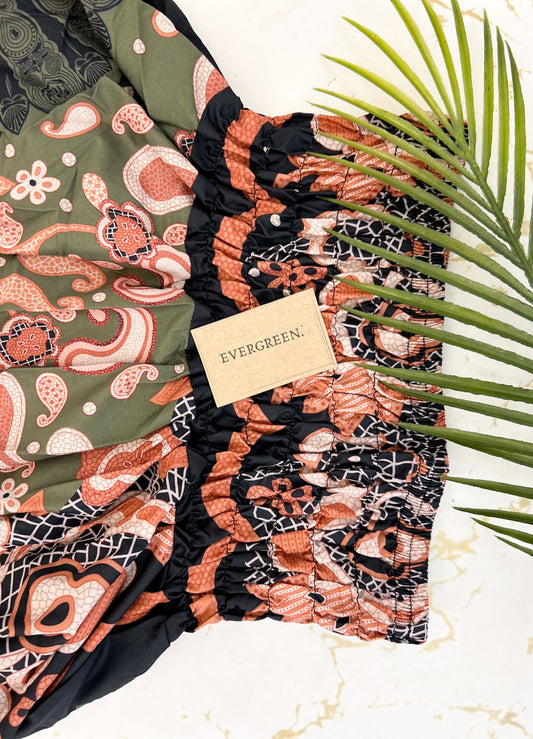 Green & Peach Ornate Print Elasticated Harem Boho Trouser Pants - One Size Fits Most