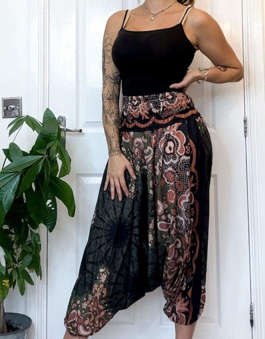 Green & Peach Ornate Print Elasticated Harem Boho Trouser Pants - One Size Fits Most