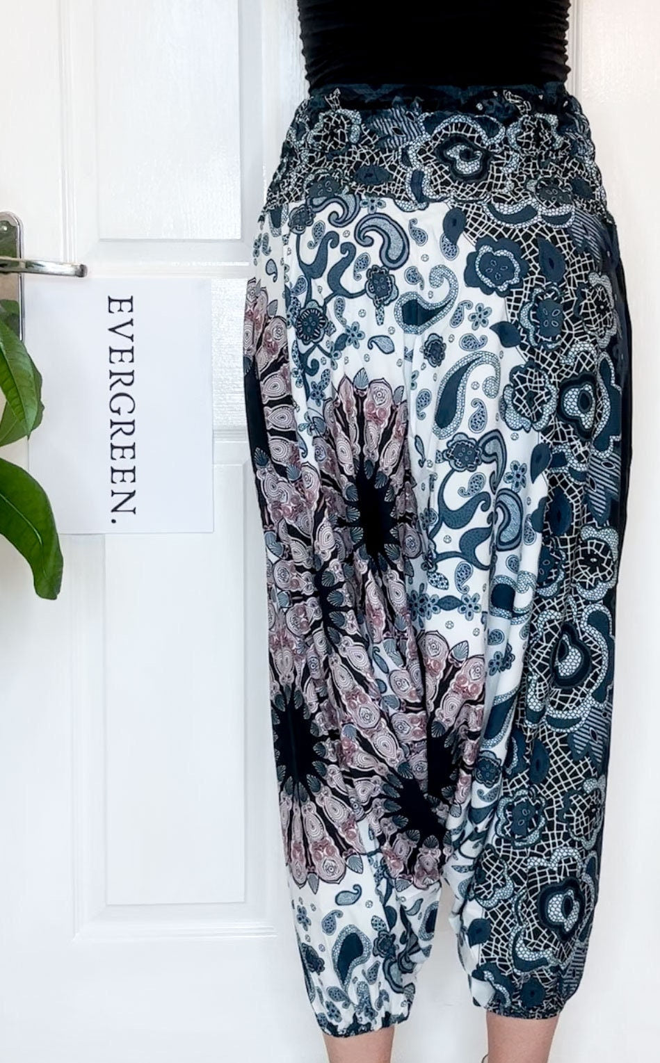 Blue & Red Ornate Print Elasticated Harem Boho Trouser Pants - One Size Fits Most