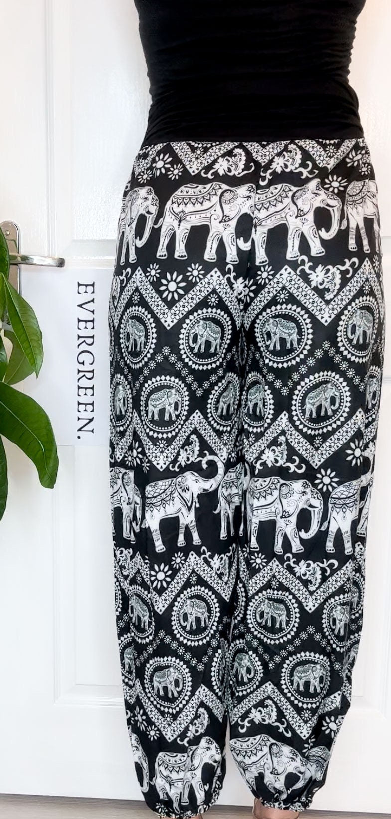 Blue / Black Ornate Elephant Print Elasticated Harem Boho Trouser Pants - One Size Fits Most