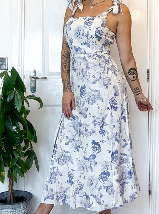 Blue & White Floral Shoulder Bow Tie Detail Maxi Dress