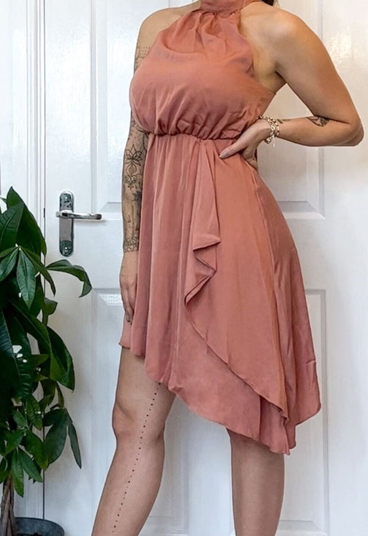 Rust / Peach / Pink / Orange High Neck Asymmetrical Mini-Midi Dress