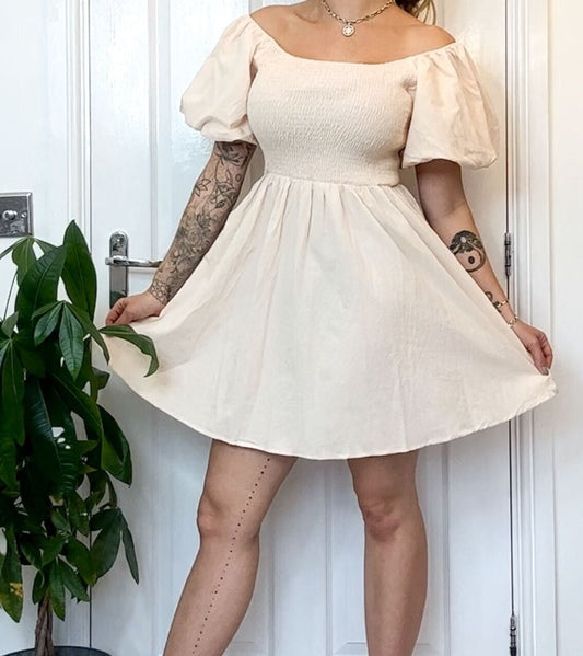 Cream Puff Sleeve Off The Shoulder Boho Mini Dress