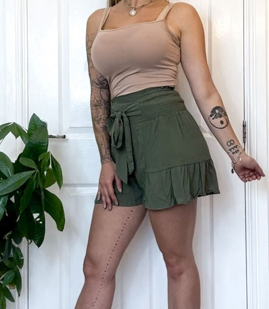 Dark Green / Khaki High Waisted Bow Tie Boho Shorts