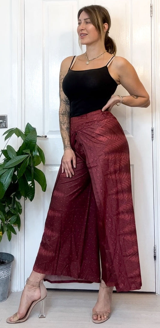 Dark Red Ornate Print Wrap Trousers Skirt