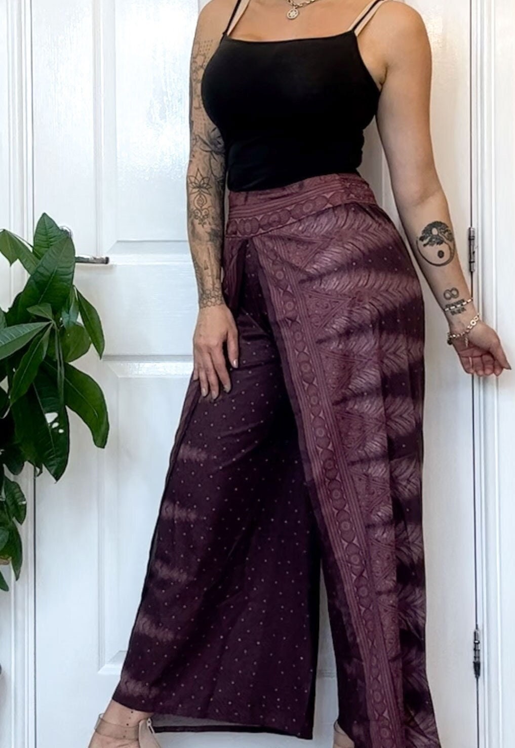 Wine Red / Maroon / Purple Ornate Print Wrap Trousers Skirt