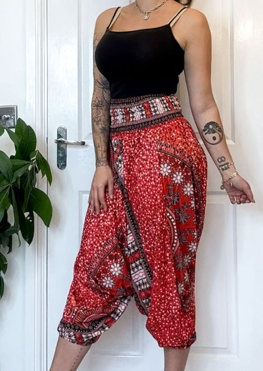 Red Ornate Print Elasticated Harem Boho Trouser Pants - One Size Fits Most