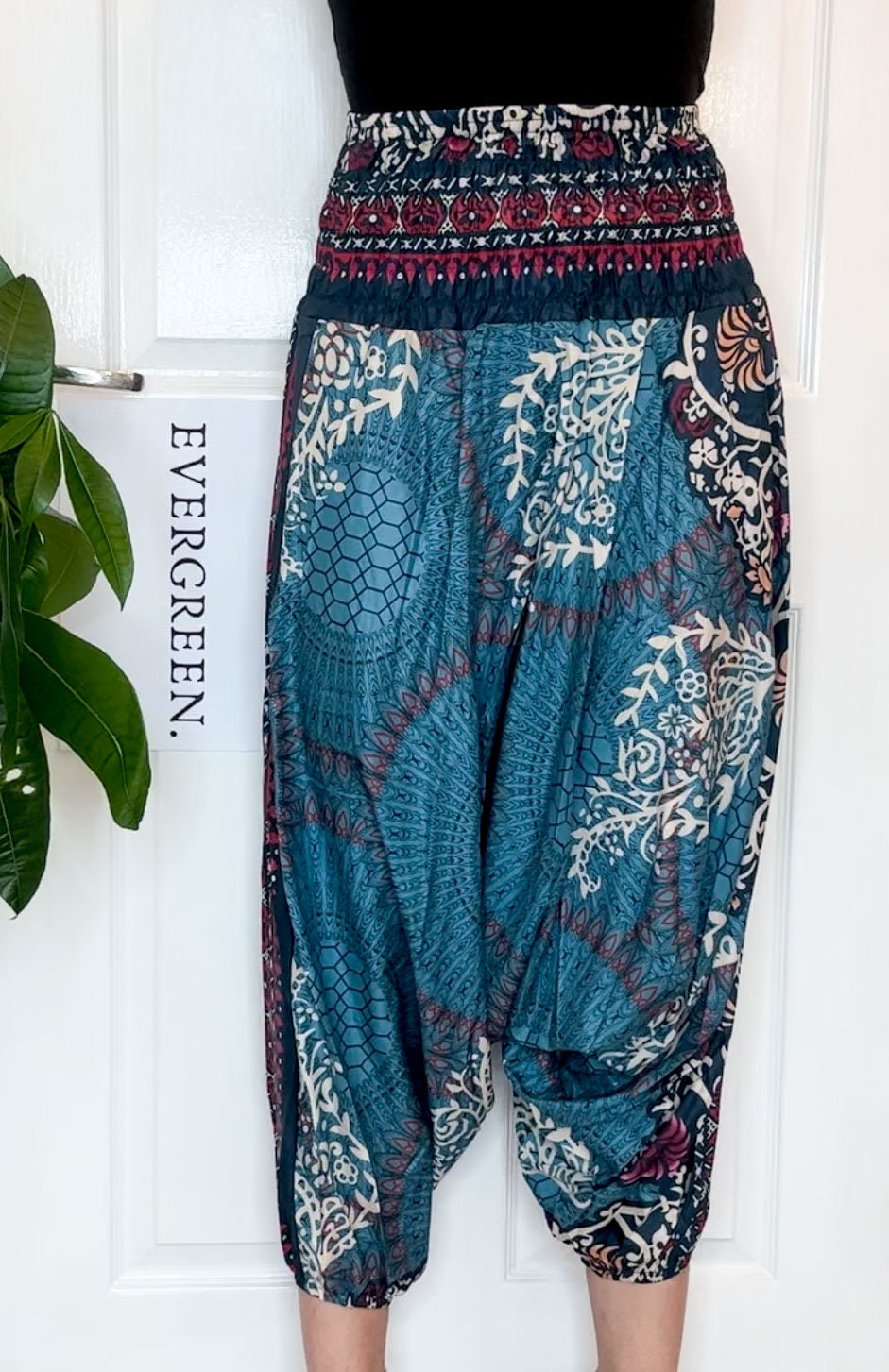 Blue, White & Red Ornate Print Elasticated Harem Boho Trouser Pants - One Size Fits Most
