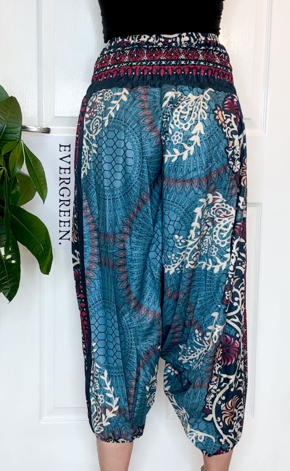 Blue, White & Red Ornate Print Elasticated Harem Boho Trouser Pants - One Size Fits Most