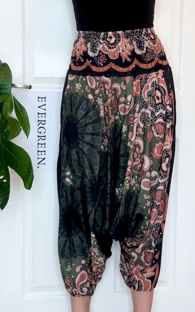 Green & Peach Ornate Print Elasticated Harem Boho Trouser Pants - One Size Fits Most