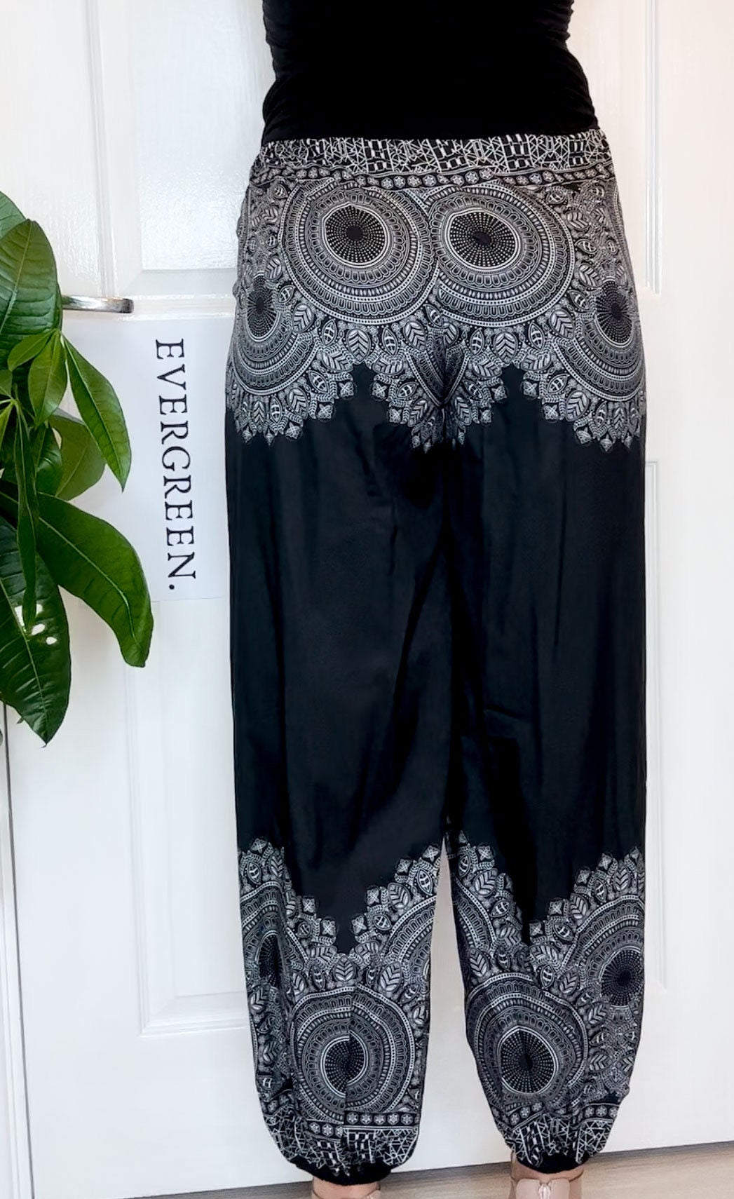 Black & White Ornate Print Elasticated Harem Boho Trouser Pants - One Size Fits Most