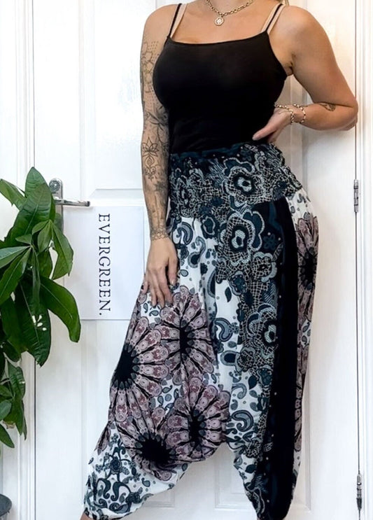 Blue & Red Ornate Print Elasticated Harem Boho Trouser Pants - One Size Fits Most