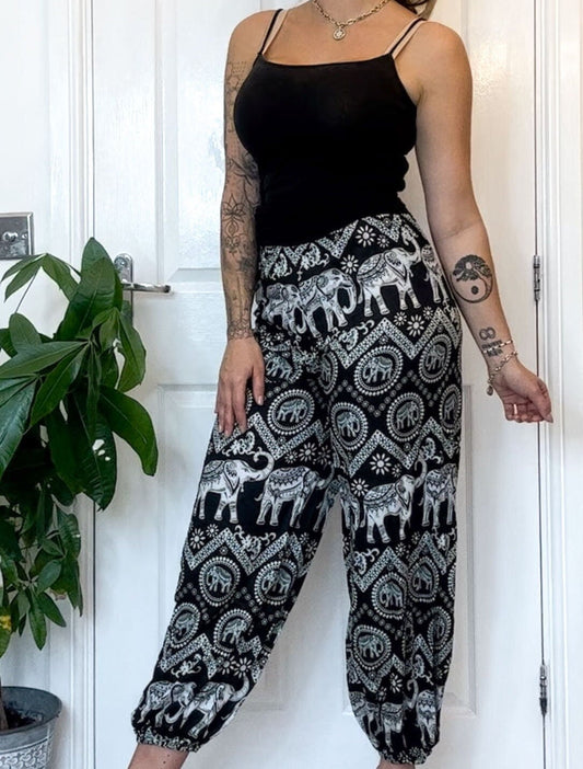 Blue / Black Ornate Elephant Print Elasticated Harem Boho Trouser Pants - One Size Fits Most