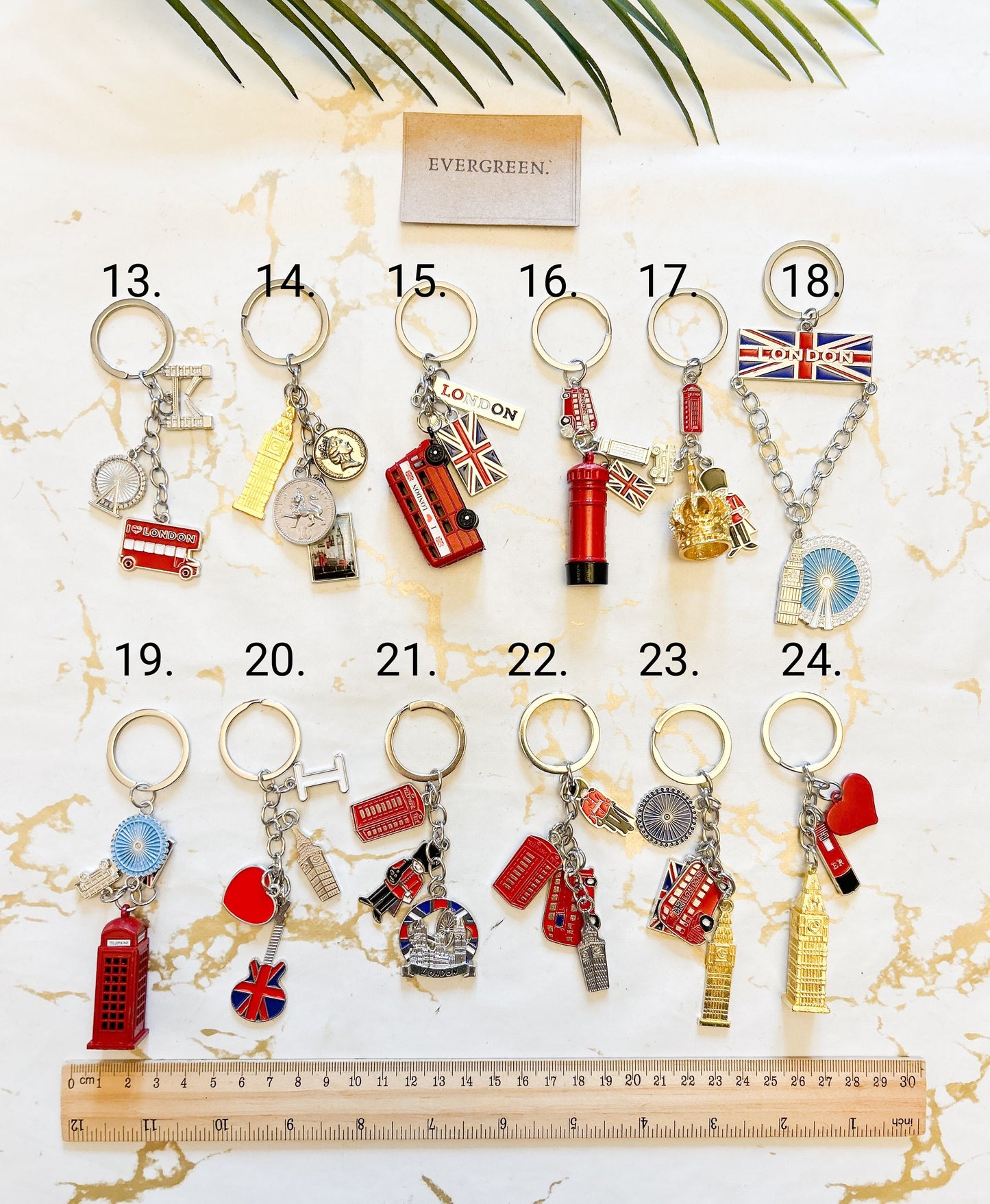 London England Souvenir Keychain - Big Ben, Union Jack, Double Decker Bus, Royal Mail Postbox, Crown, Penny, London Eye, Telephone Box