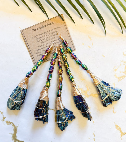 Blue Tourmaline Aura Feather Crystal Broomstick - Inspiration, Happiness & Self-Confidence