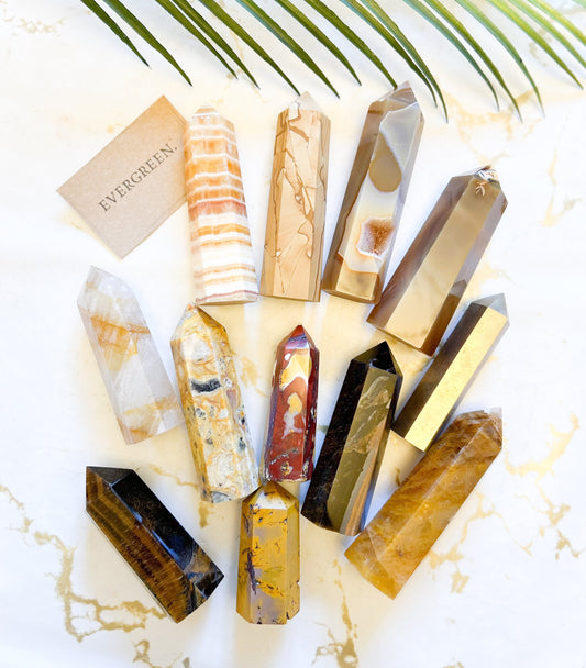 Crystal Tower / Obelisk - Pyrite, Tiger Eye, Carnelian, Calcite, Quartz, Mookaite, Jasper