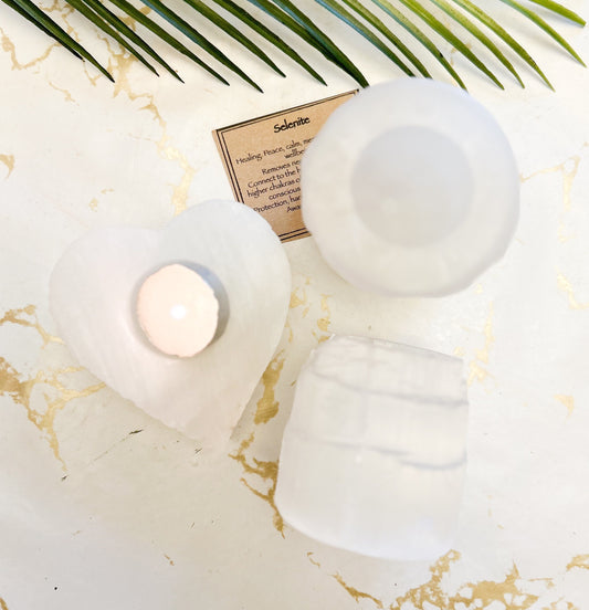 Selenite Crystal Tealight Candle Holder Heart / Round / Tower - Peace, Clarity & Wellbeing