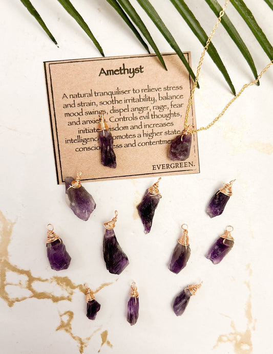 Wire Wrapped Raw / Rough Amethyst Crystal Pendant - Wisdom, Consciousness & Contentment