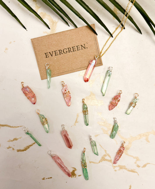 Wire Wrapped Quartz Crystal Point Pendant - Pink / Green