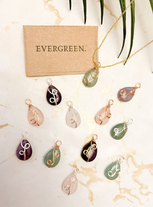 Wire Wrapped Spiral Crystal Teardrop Pendant - Green Aventurine, Rose Quartz & Amethyst