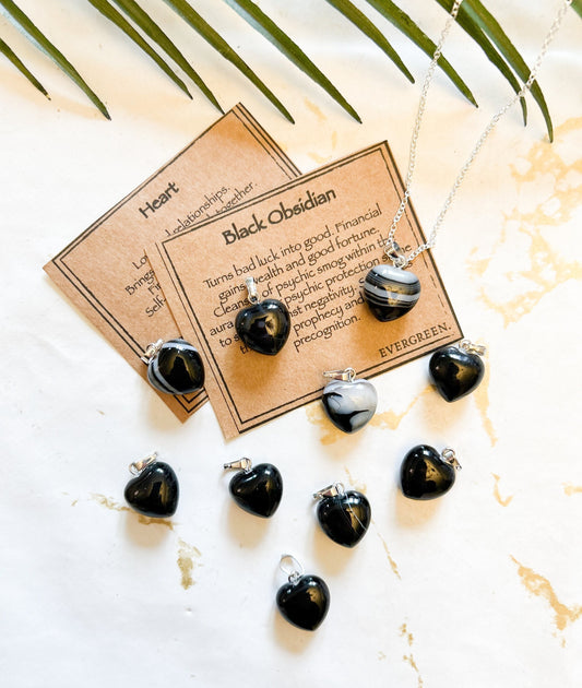 Black Obsidian Crystal Heart Pendant - Wealth, Good Fortune & Protection