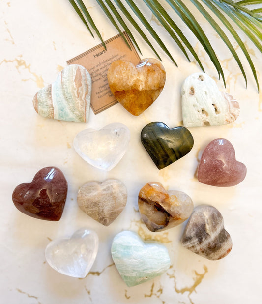 Crystal Heart Carving / Palmstone - Ammonite / Quartz / Moonstone / Tiger Eye