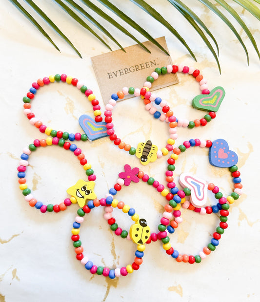 Children's Beaded Wooden Bracelet - Bee / Star / Heart / Butterfly / Flower