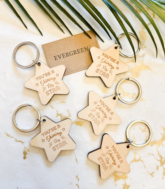 Double Sided Engraved Wooden Star Keychain - You're A Shining Star!