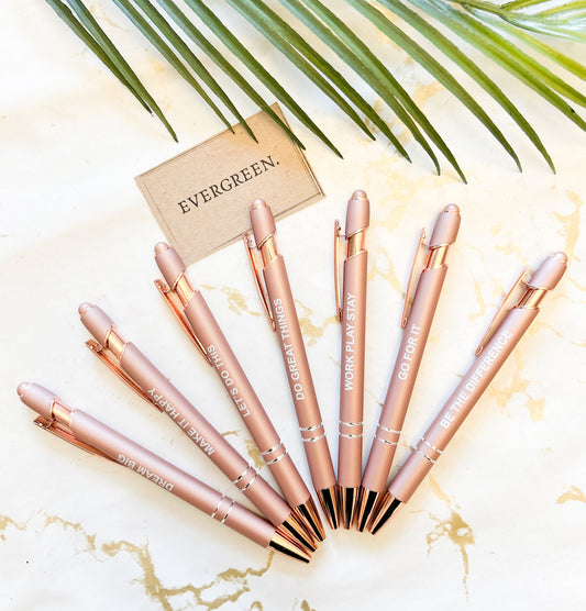 Motivational / Inspirational Quote Ballpoint Rose Gold Colour Pen With Stylus Tip - Black Ink