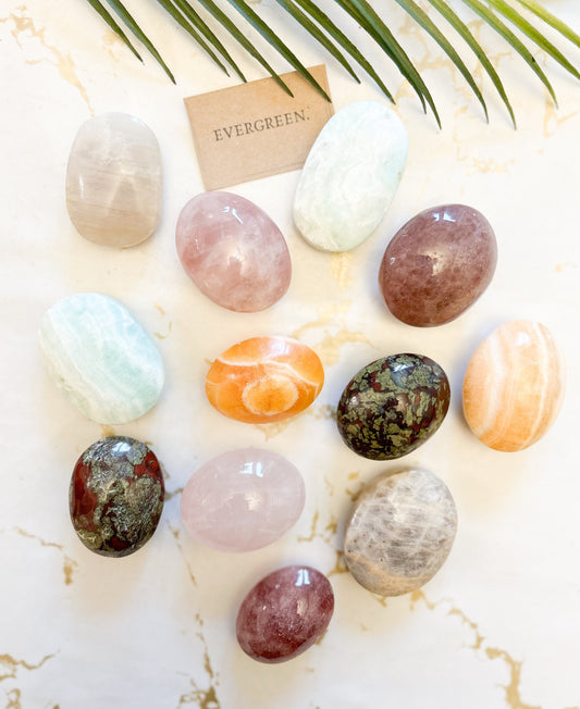 Crystal Palm Stone - Calcite, Dragon Blood, Moonstone, Ammonite, Quartz, Amethyst