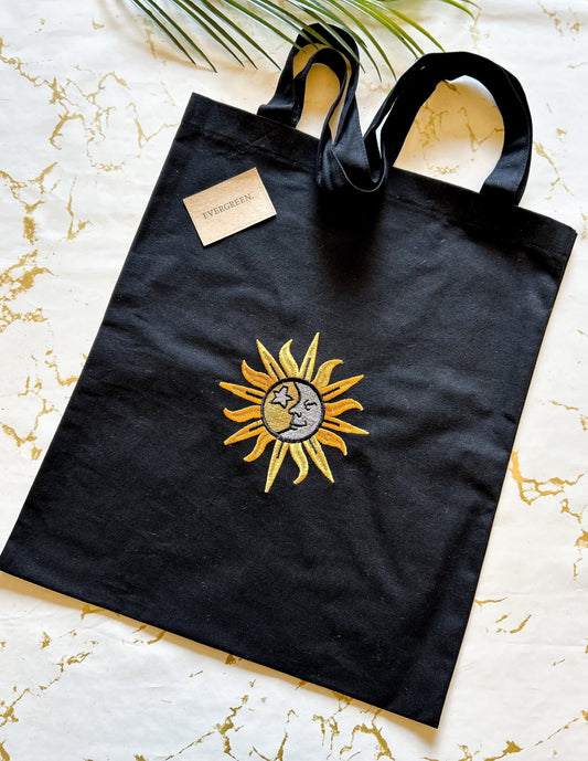 Cotton Reusable Flower Of Life / Sun & Moon Embroidered Tote Bag - Variety Of Colours Available!