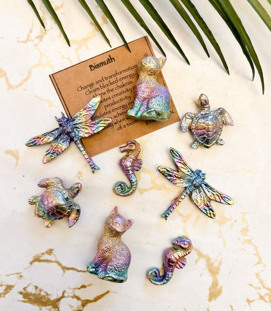Bismuth Crystal Carvings - Cat / Turtle / Seahorse / Dragonfly / Starfish / Broomstick / Cat / Fossil