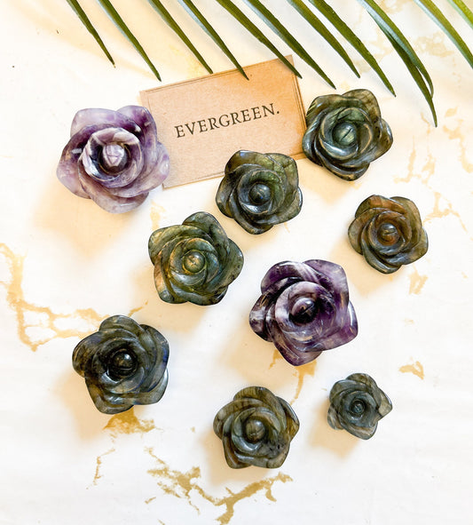 Amethyst & Labradorite Crystal Rose Carvings