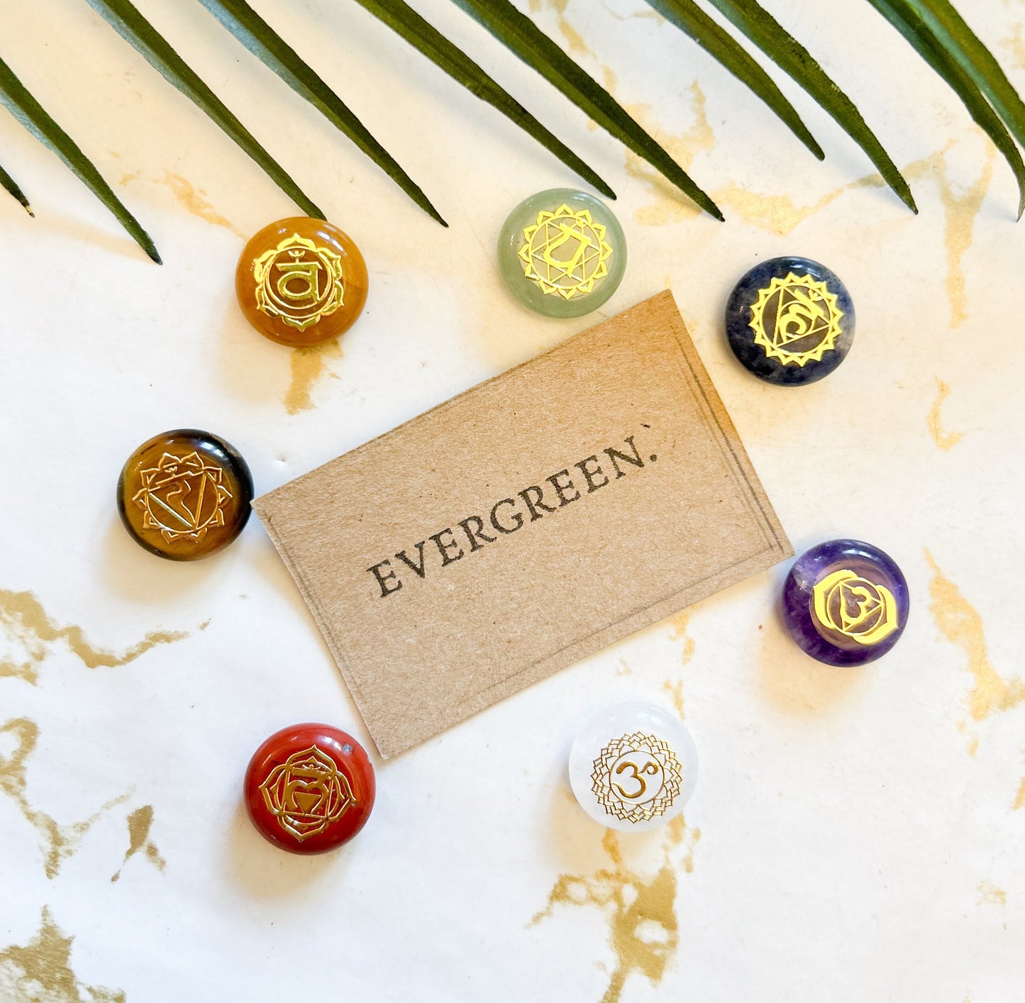 Set Of 7 Chakras Meditation Crystals - Cabochon / Heart / Coin