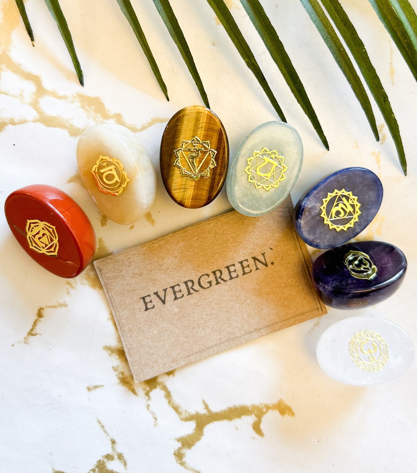 Set Of 7 Chakras Meditation Crystals - Cabochon / Heart / Coin