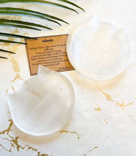 Selenite Cat Crystal Trinket Dish - Peace, Clarity & Wellbeing